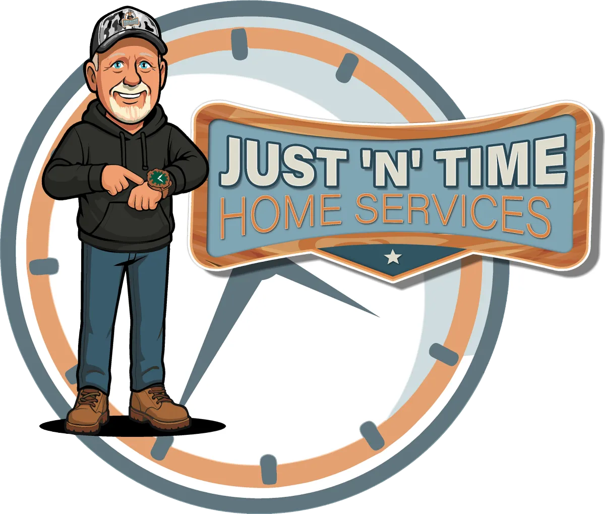 James, the Just 'N' Time Home Services mascot, checking his watch beside the company clock logo